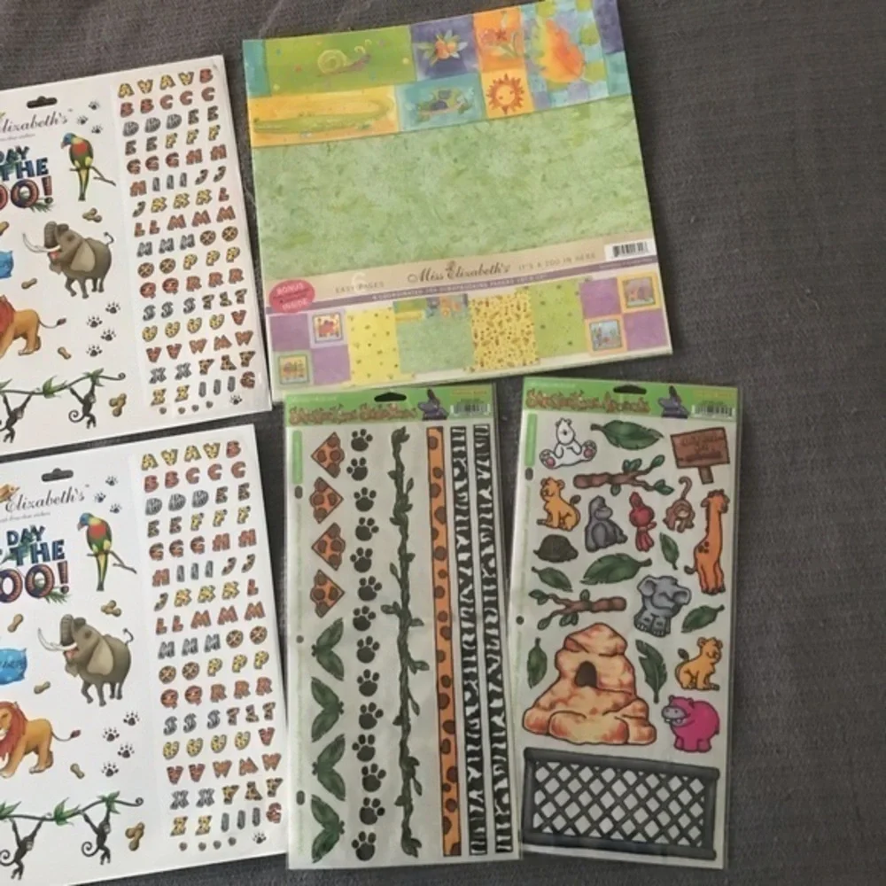 Miss Elizabeth’s Scrapbook Paper & Sticker Bundle. Zoo theme. 10 items. NWOT